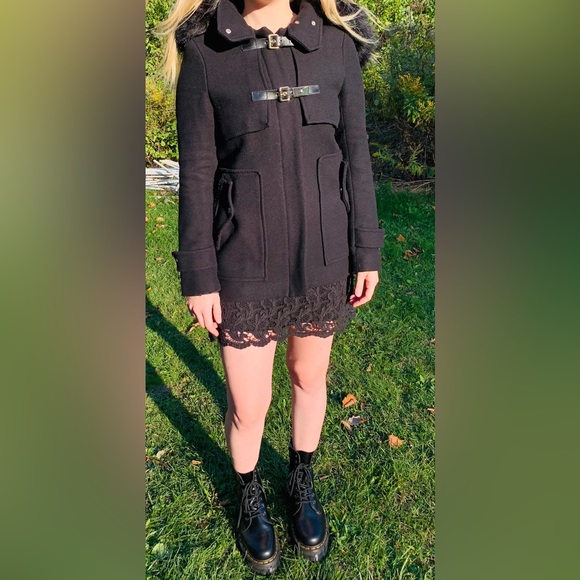 Zara black 75% wool winter jacket coat hood with black fur buckles zipper pocket - Picture 10 of 14